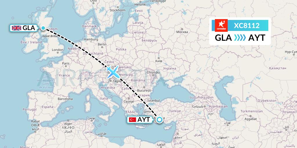 XC8112 Corendon Airlines Flight Map: Glasgow to Antalya