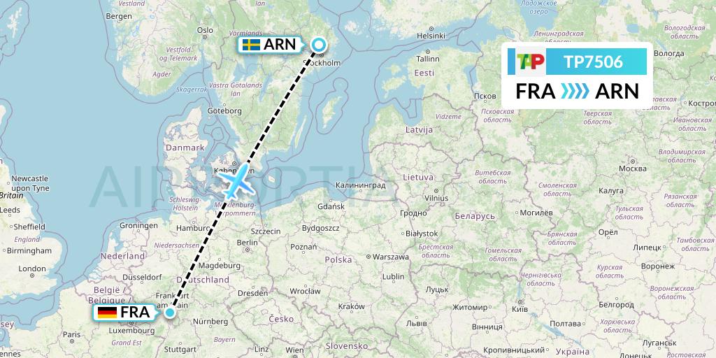 TP7506 TAP Portugal Flight Map: Frankfurt to Stockholm