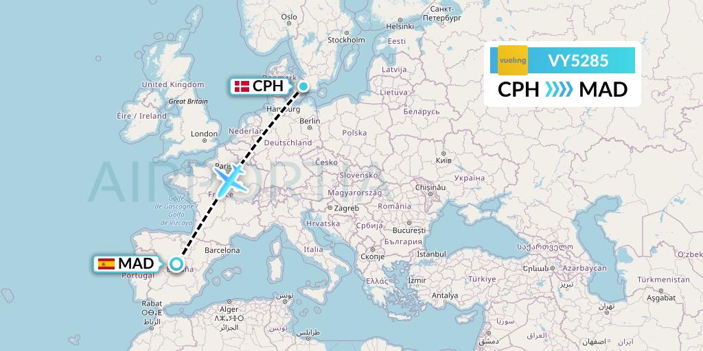 VY5285 Vueling Flight Map: Copenhagen to Madrid