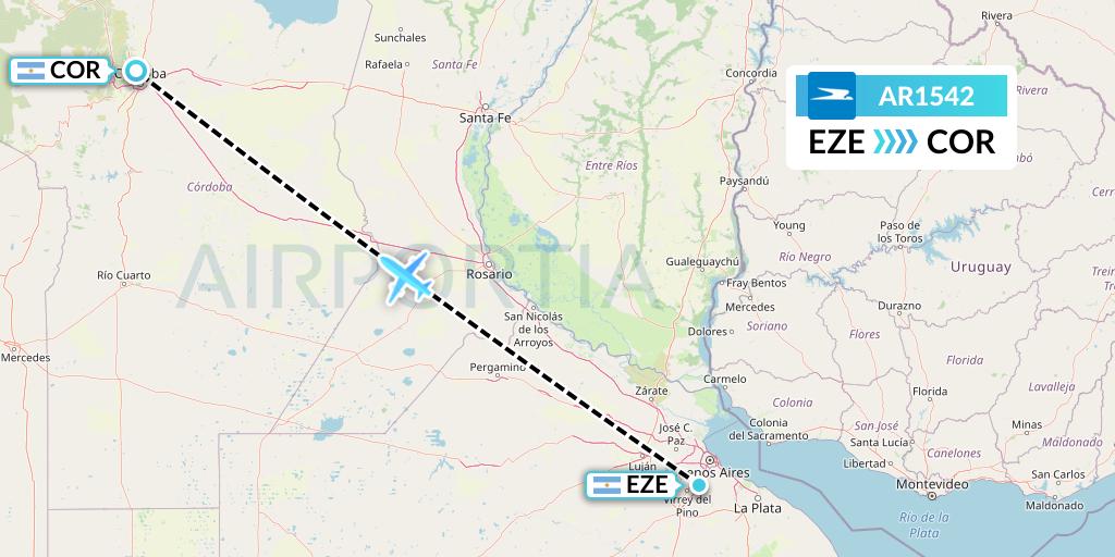 AR1542 Aerolineas Argentinas Flight Map: Buenos Aires to Cordoba