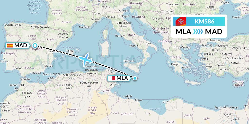 KM586 Air Malta Flight Map: Malta to Madrid