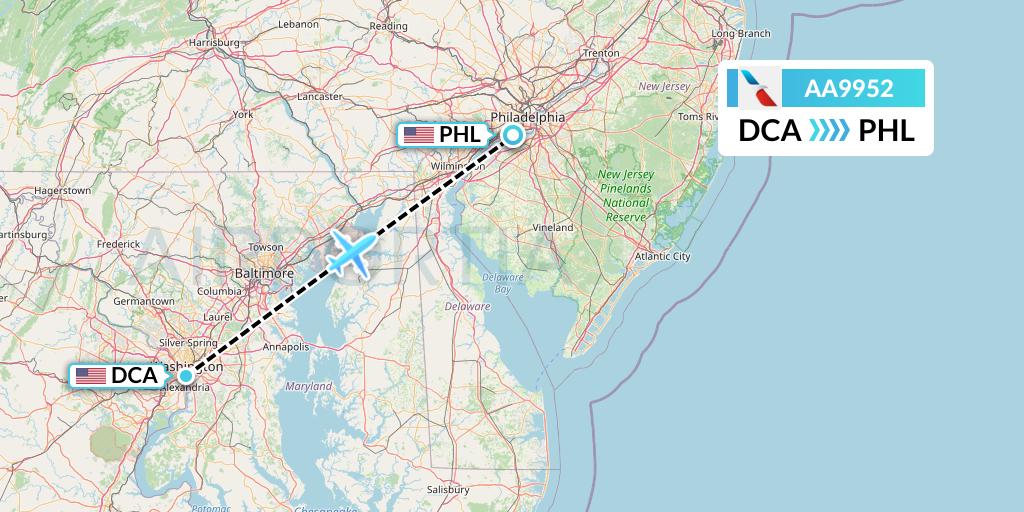 AA9952 American Airlines Flight Map: Washington to Philadelphia