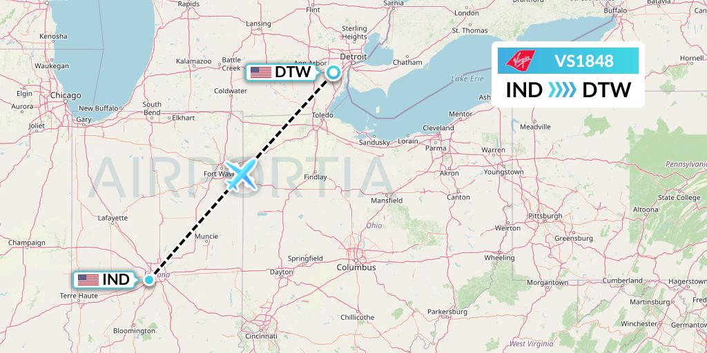 VS1848 Virgin Atlantic Airways Flight Map: Indianapolis to Detroit
