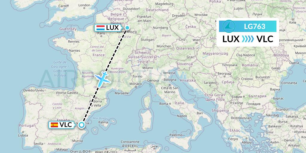 LG763 Luxair Flight Map: Luxembourg to Valencia
