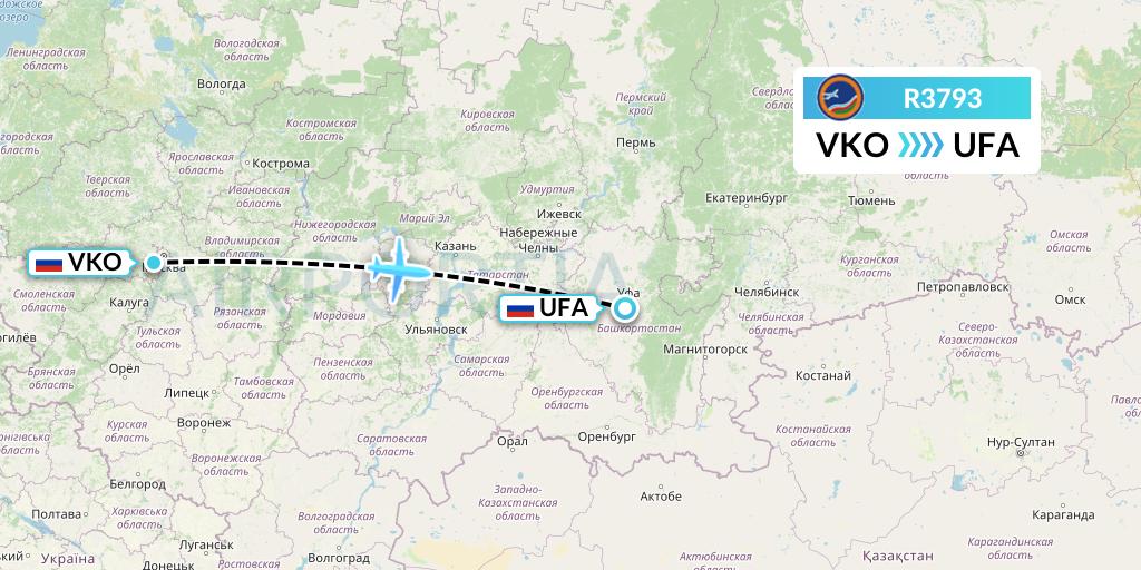 R3793 Yakutia Airlines Flight Map: Moscow to Ufa