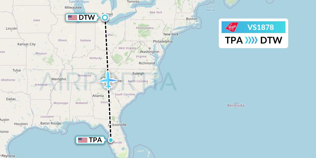 VS1878 Virgin Atlantic Airways Flight Map: Tampa to Detroit
