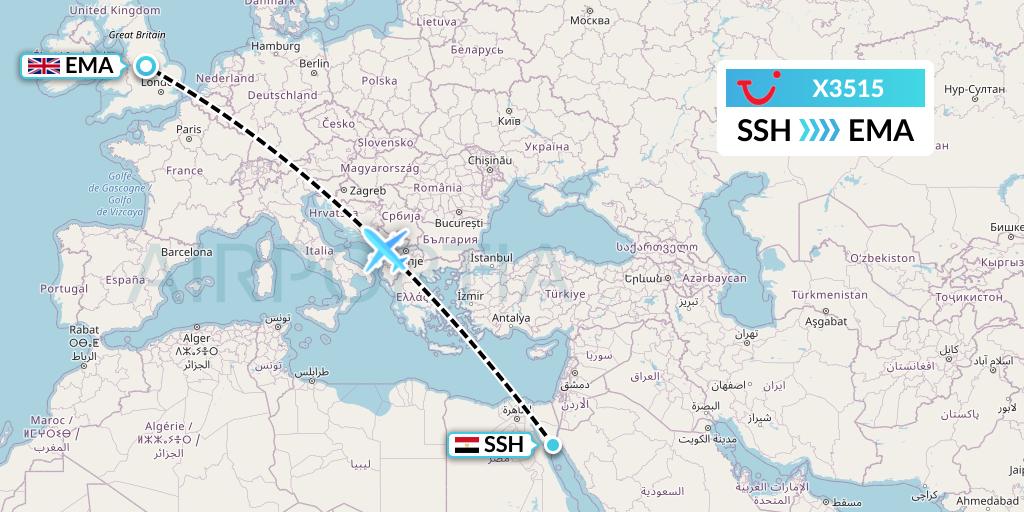X3515 TUI fly Germany Flight Map: Sharm el-Sheikh to East Midlands