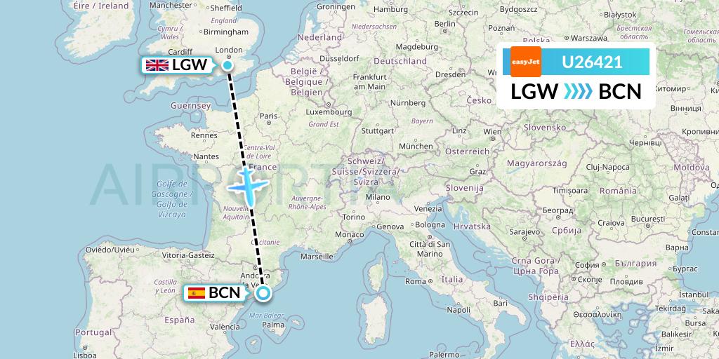 U26421 EasyJet Flight Map: London to Barcelona