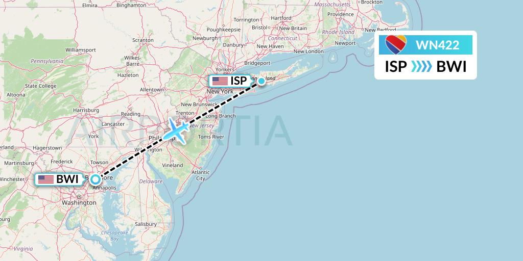 WN422 Southwest Airlines Flight Map: Islip to Baltimore