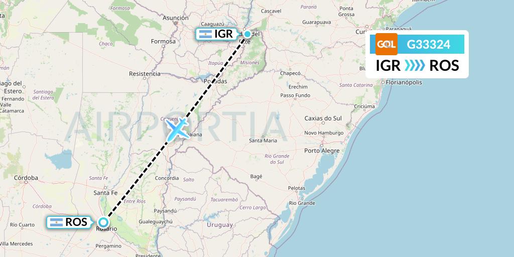 G33324 GOL Transportes Aeros Flight Map: Puerto Iguazu to Rosario