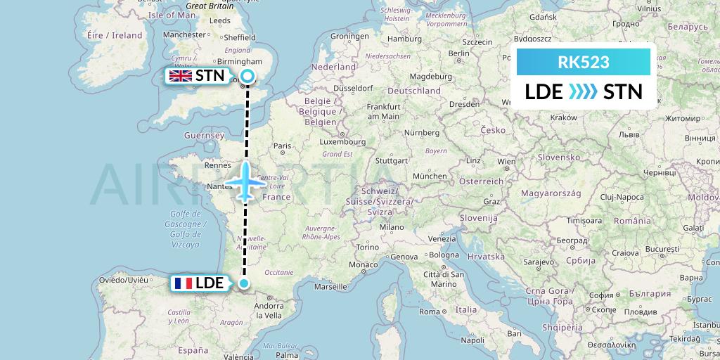 RK523 Ryanair UK Flight Map: Tarbes to London