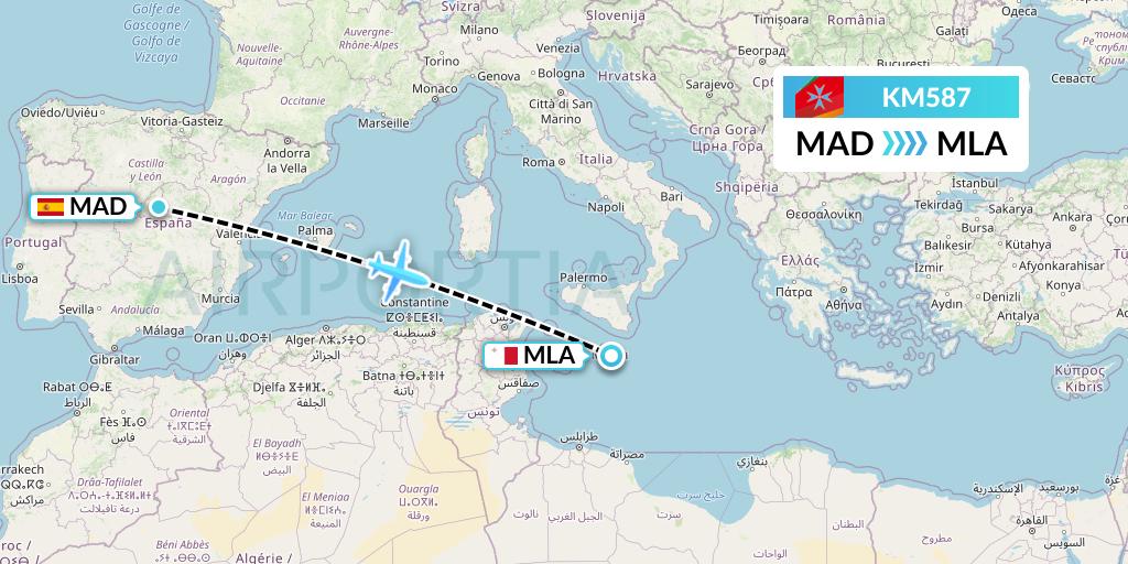 KM587 Air Malta Flight Map: Madrid to Malta