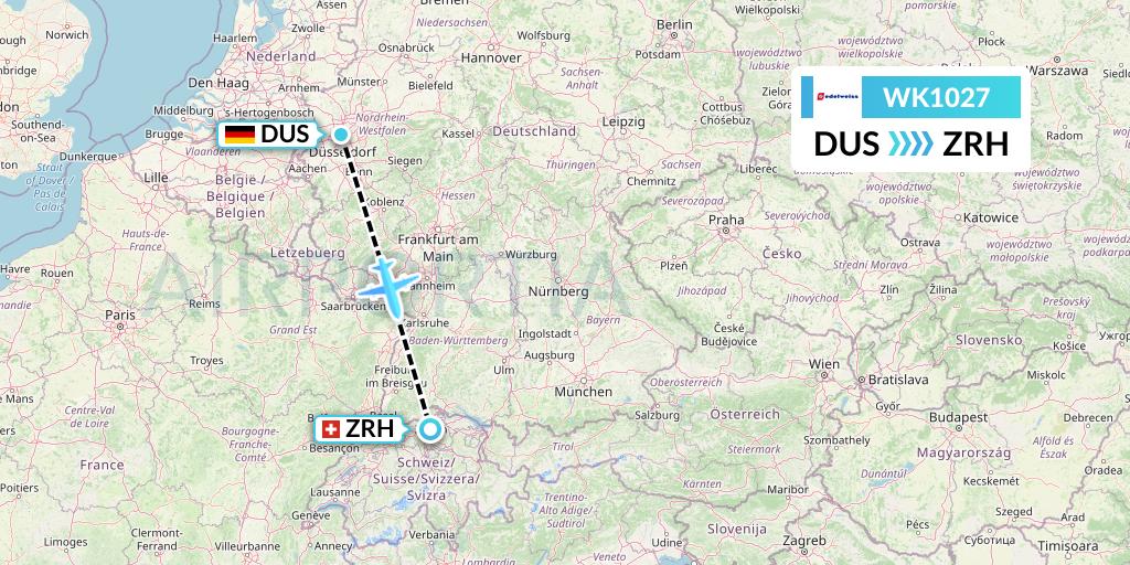 WK1027 Edelweiss Air Flight Map: Dusseldorf to Zurich