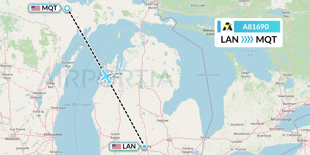 A81690 Aerolink Uganda Flight Map: Lansing to Marquette