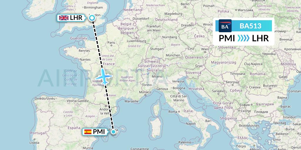 BA513 British Airways Flight Map: Palma de Mallorca to London
