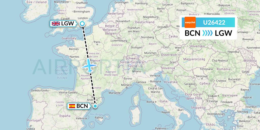 U26422 EasyJet Flight Map: Barcelona to London