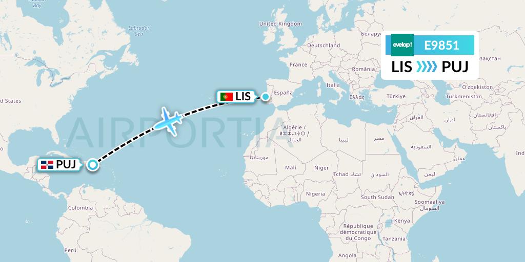 E9851 Evelop Airlines Flight Map: Lisbon to Punta Cana