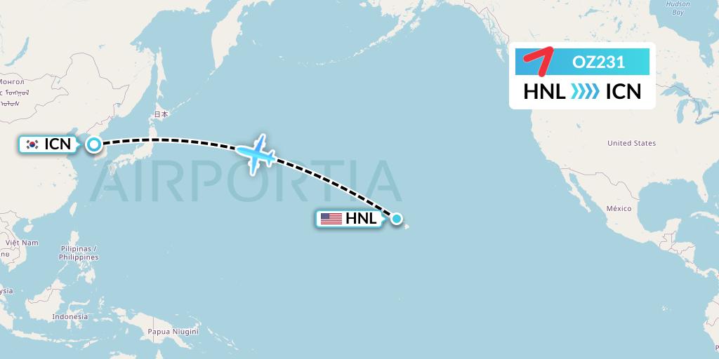 OZ231 Asiana Airlines Flight Map: Honolulu to Seoul