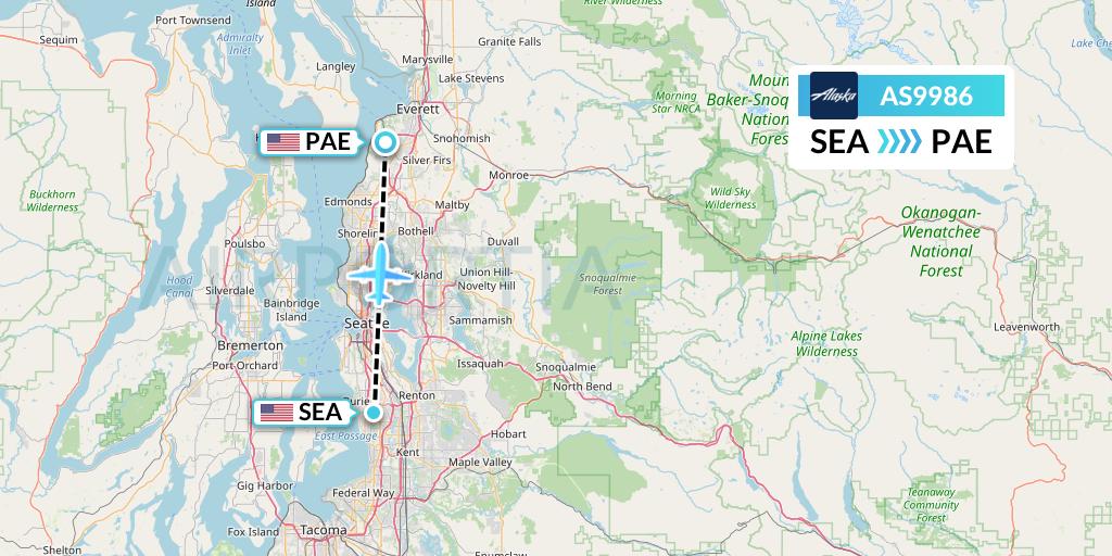 AS9986 Alaska Airlines Flight Map: Seattle to Everett