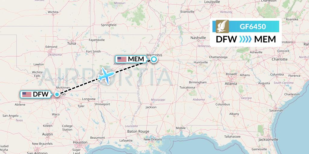 GF6450 Gulf Air Flight Map: Dallas to Memphis
