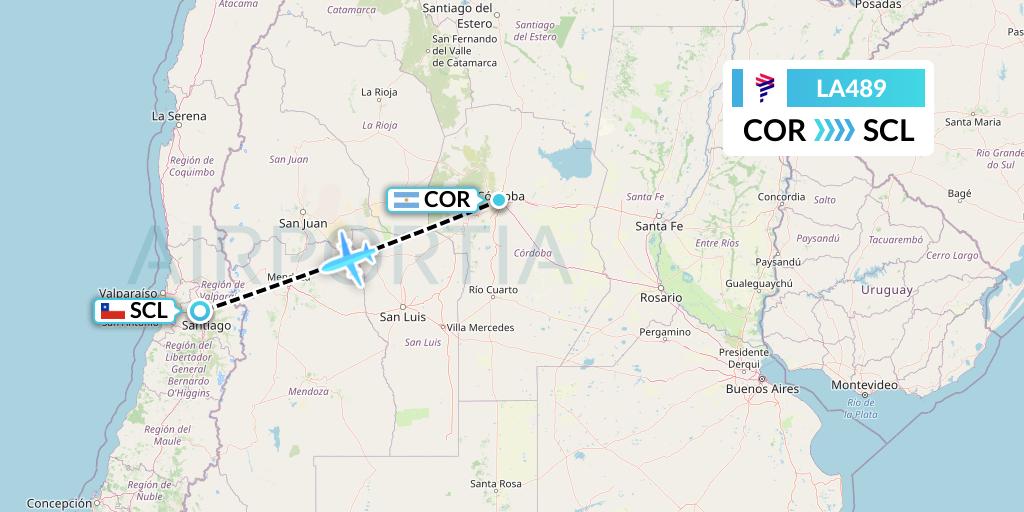 LA489 LAN Airlines Flight Map: Cordoba to Santiago