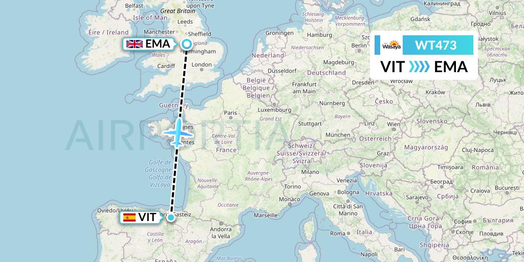 WT473 Swiftair Flight Map: Vitoria to East Midlands