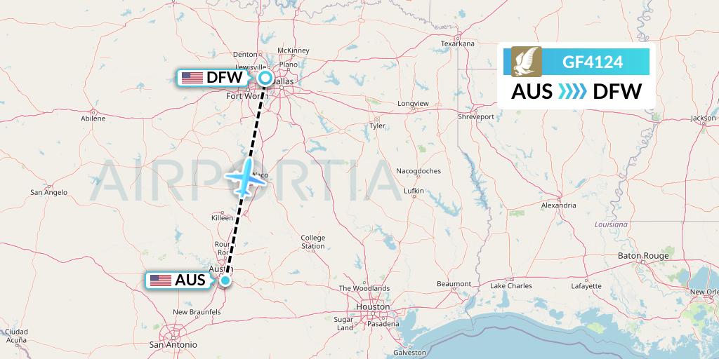 GF4124 Gulf Air Flight Map: Austin to Dallas