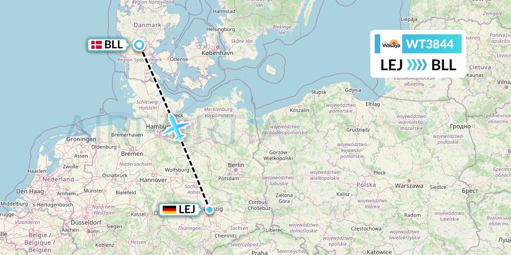WT3844 Swiftair Flight Map: Leipzig to Billund