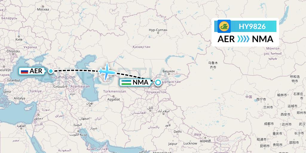 HY9826 Uzbekistan Airways Flight Map: Sochi to Namangan