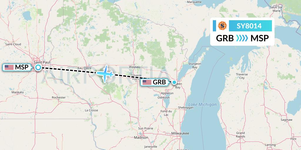 SY8014 Sun Country Airlines Flight Map: Green Bay to Minneapolis