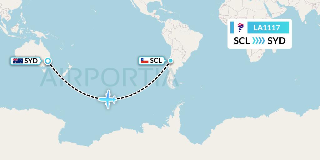 LA1117 LAN Airlines Flight Map: Santiago to Sydney