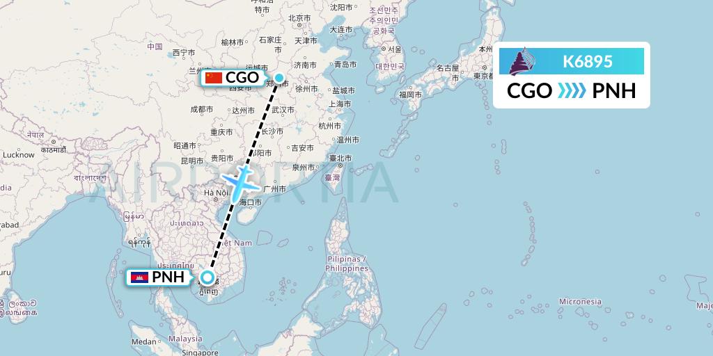 K6895 Cambodia Angkor Air Flight Map: Zhengzhou to Phnom Penh