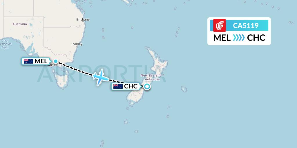 CA5119 Air China Flight Map: Melbourne to Christchurch