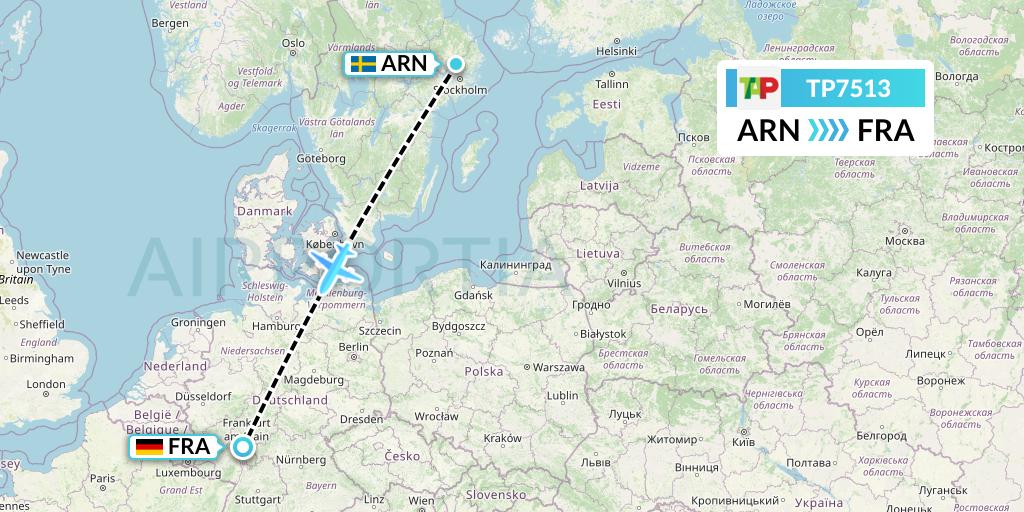 TP7513 TAP Portugal Flight Map: Stockholm to Frankfurt