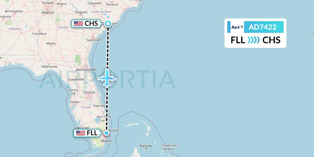 AD7422 Azul Brazilian Airlines Flight Map: Fort Lauderdale to Charleston