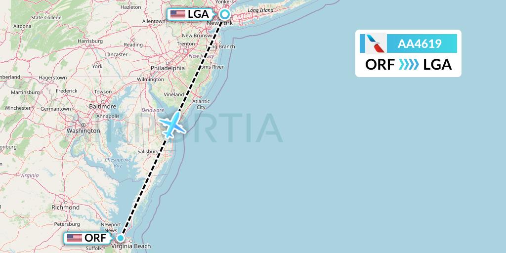 AA4619 American Airlines Flight Map: Norfolk to New York