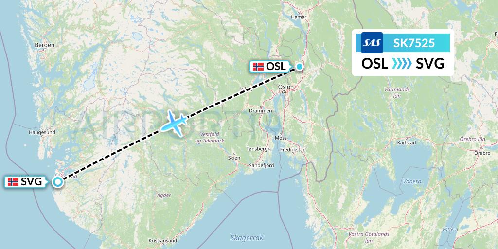 SK7525 SAS Flight Map: Oslo to Stavanger