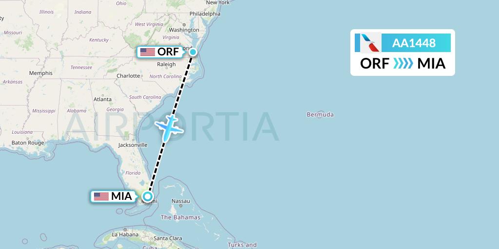 AA1448 American Airlines Flight Map: Norfolk to Miami