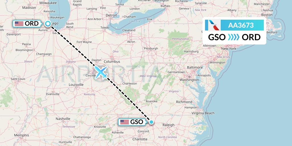 AA3673 American Airlines Flight Map: Greensboro to Chicago