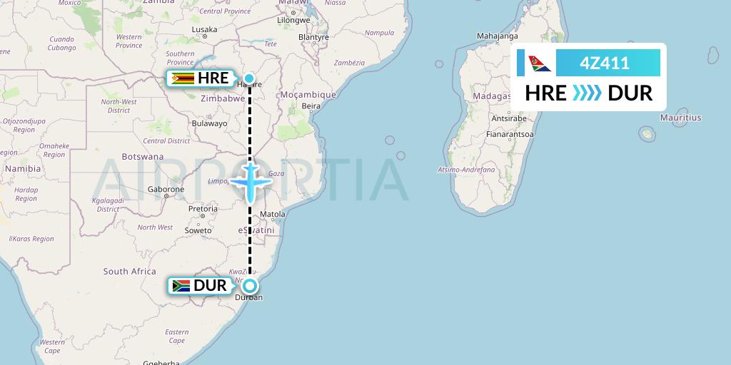 4Z411 Airlink Flight Map: Harare to Durban
