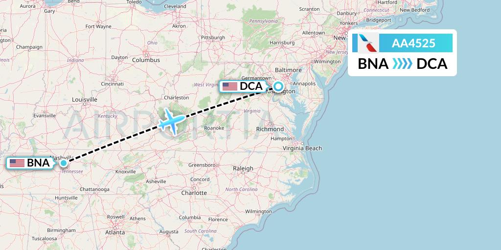 AA4525 American Airlines Flight Map: Nashville to Washington
