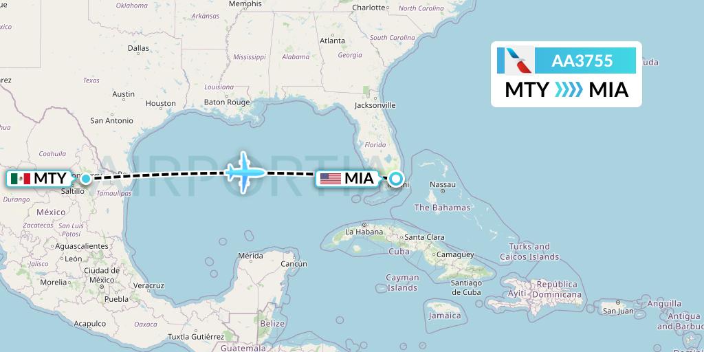 AA3755 American Airlines Flight Map: Monterrey to Miami