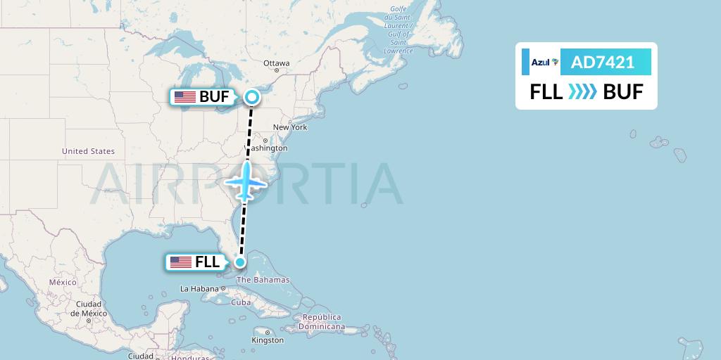 AD7421 Azul Brazilian Airlines Flight Map: Fort Lauderdale to Buffalo