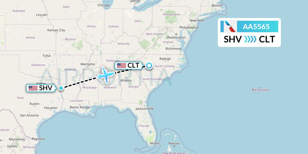 AA5565 American Airlines Flight Map: Shreveport to Charlotte