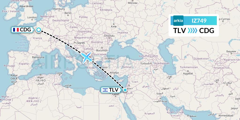 IZ749 Arkia Israeli Airlines Flight Map: Tel Aviv to Paris