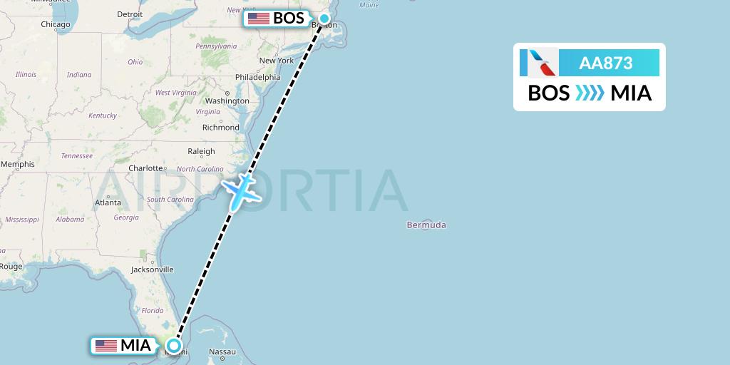 AA873 American Airlines Flight Map: Boston to Miami