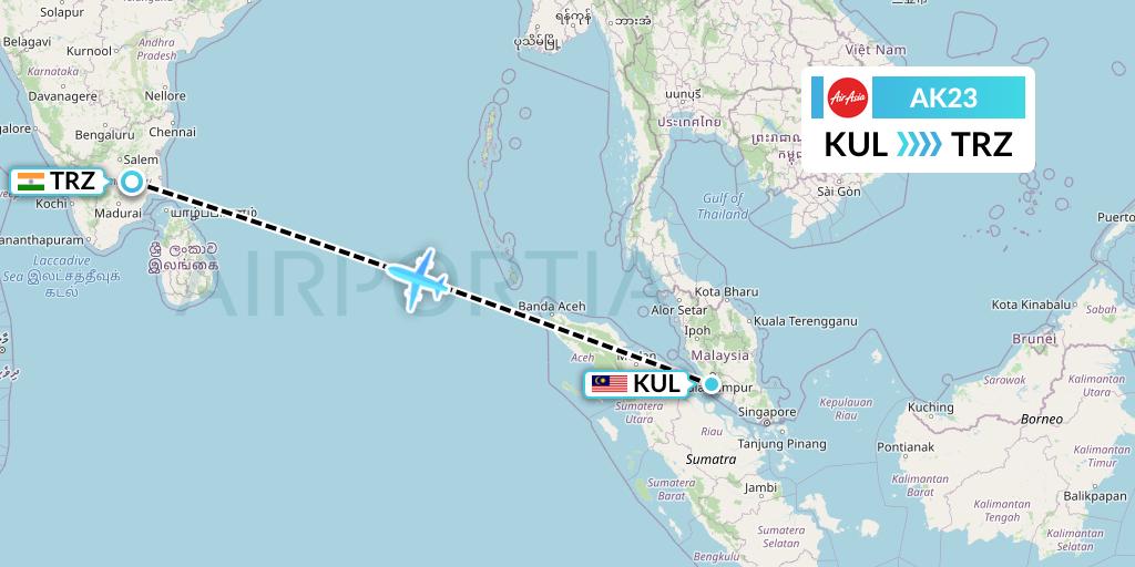 AK23 AirAsia Flight Map: Kuala Lumpur to Tiruchirapalli