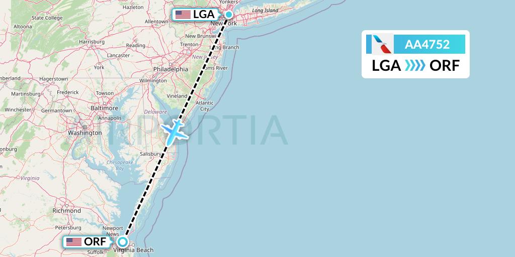 AA4752 American Airlines Flight Map: New York to Norfolk
