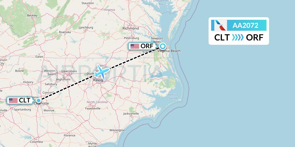 AA2072 American Airlines Flight Map: Charlotte to Norfolk