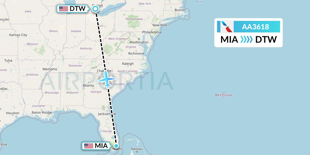 AA3618 American Airlines Flight Map: Miami to Detroit
